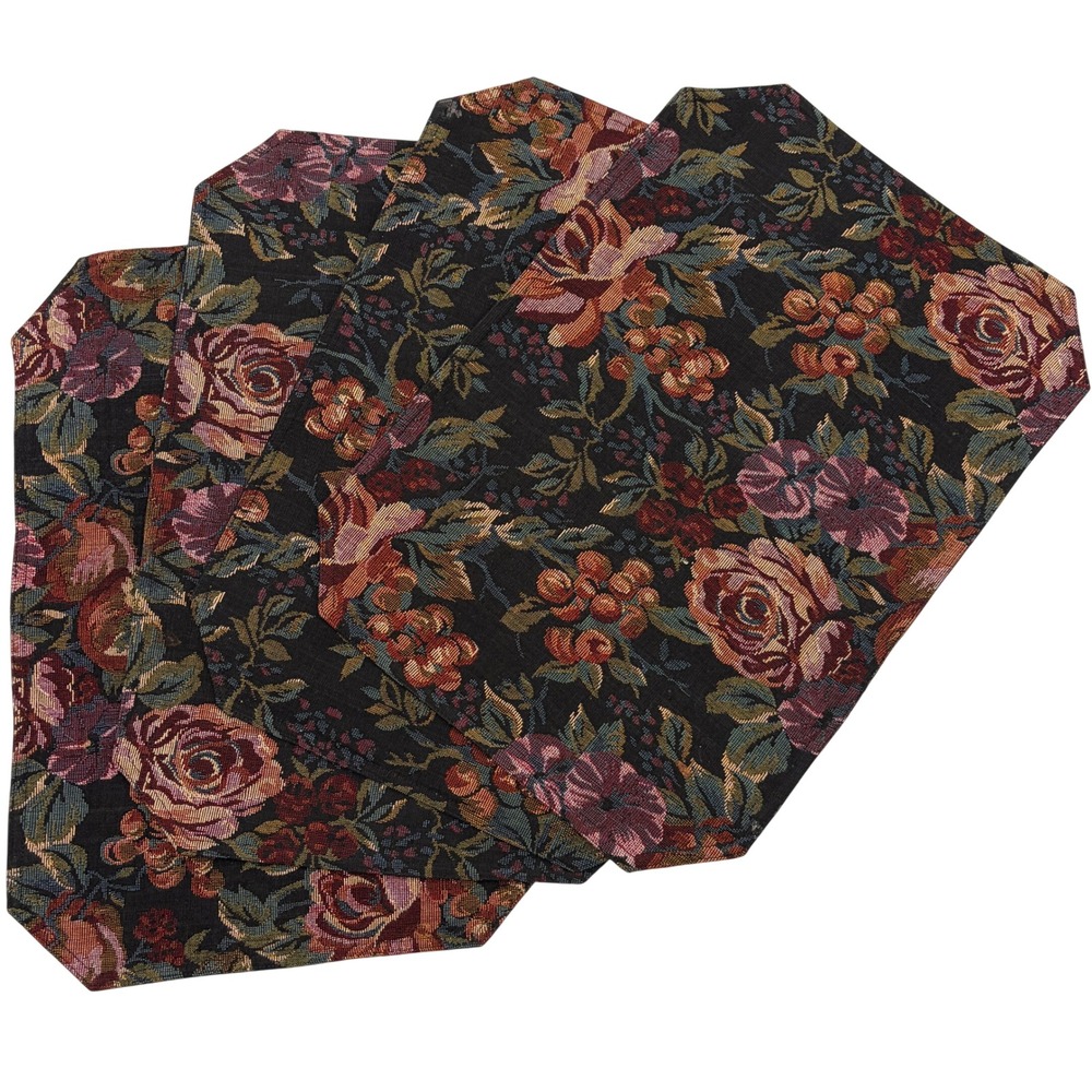 Vintage Style Floral Tapestry Placemats Set of 4 Black Burgundy Woven Cotton